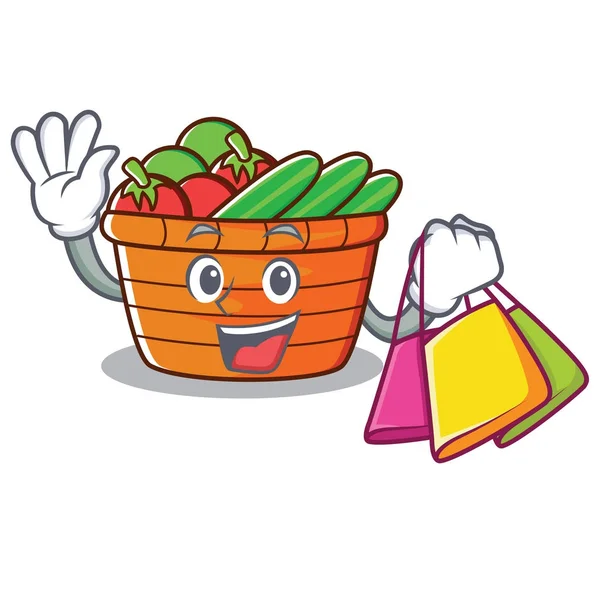 Compras frutas cesta personagem desenhos animados — Vetor de Stock