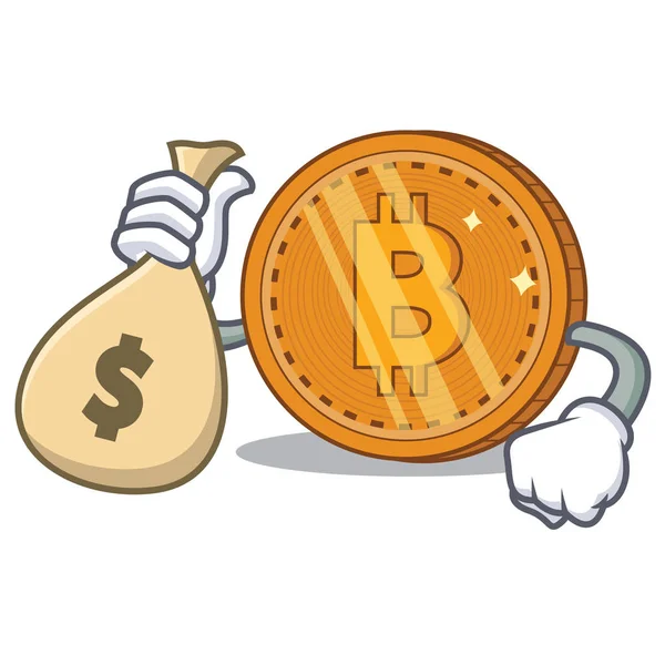 With money bag bitcoin character cartoon — стоковый вектор