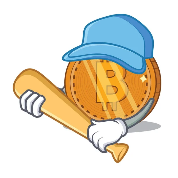 Jogando beisebol bitcoin desenho animado personagem de moeda — Vetor de Stock