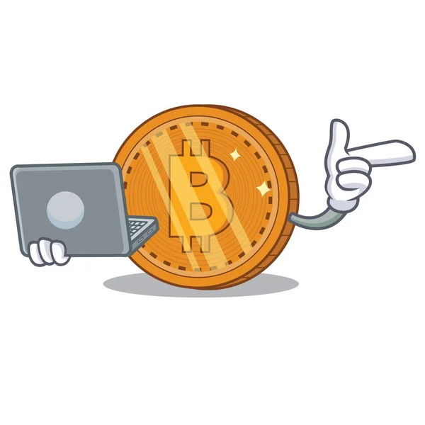 Z laptopa bitcoin monet charakter kreskówka — Wektor stockowy