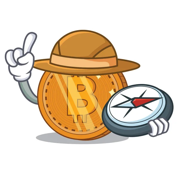 Explorer bitcoin munt karakter cartoon — Stockvector