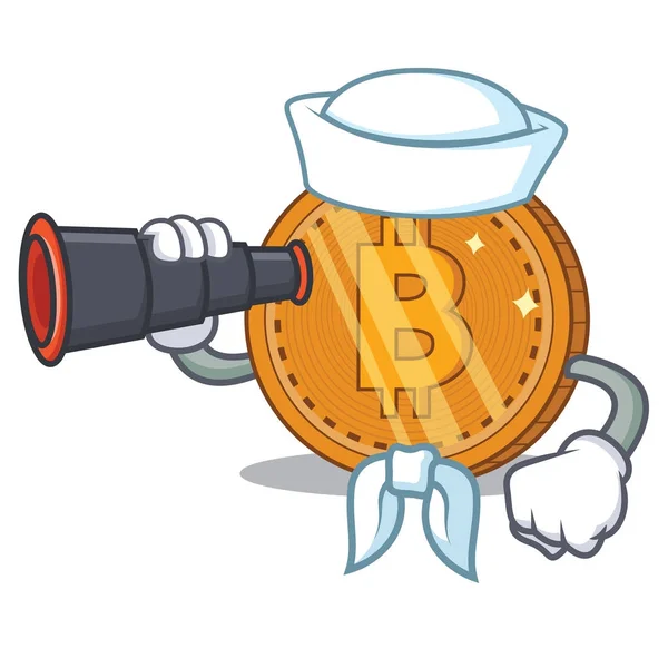 Sailor with binocular bitcoin character cartoon — стоковый вектор