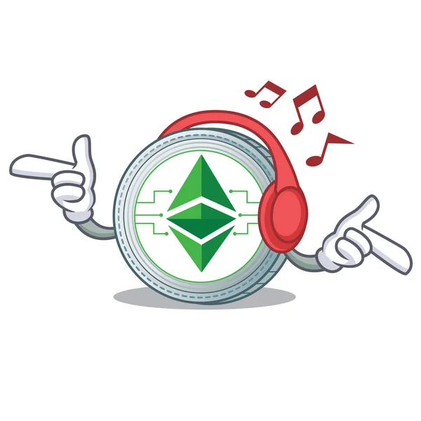 Listening music Ethereum classic character cartoon — Stock Vector