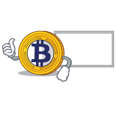Başparmak yukarıya ile tahta Bitcoin altın karakter karikatür