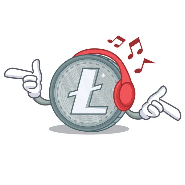 Lyssna på musik Litecoin karaktär tecknad stil — Stock vektor