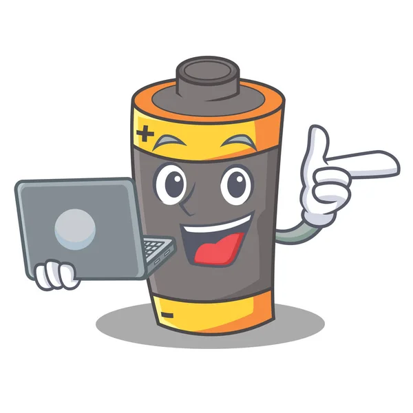 Avec ordinateur portable batterie personnage dessin animé style — Image vectorielle