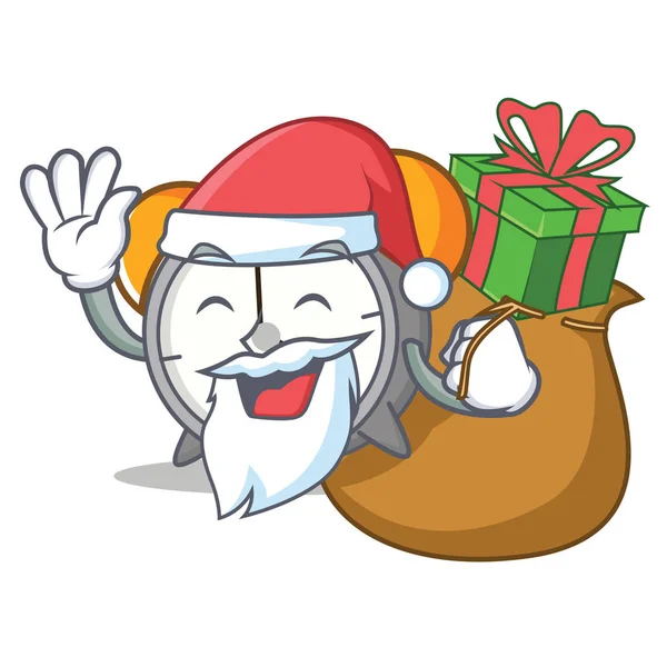 Santa con regalo alarma reloj mascota dibujos animados — Vector de stock