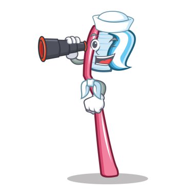Denizci dürbün diş fırçası maskot karikatür tarzı ile