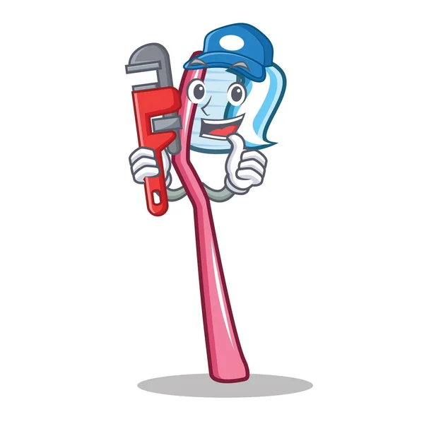 Cepillo de dientes de fontanero mascota estilo de dibujos animados — Vector de stock