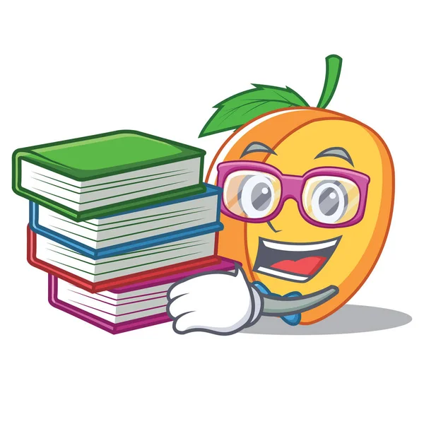 Studente con libro albicocca mascotte stile cartone animato — Vettoriale Stock