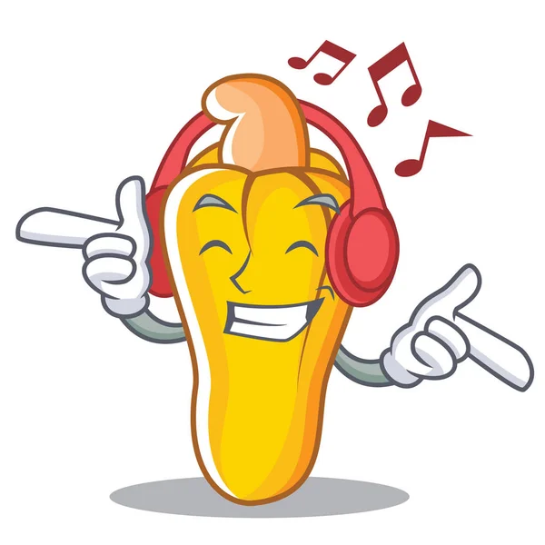 Luisteren muziek cashew mascotte cartoon stijl — Stockvector