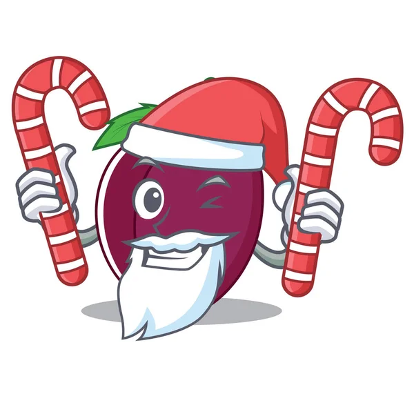 Weihnachtsmann mit Süßigkeiten Pflaume Maskottchen Cartoon-Stil — Stockvektor