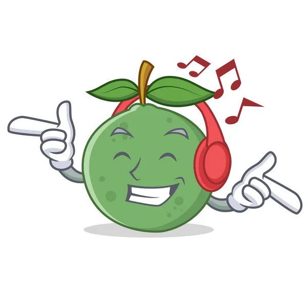 Luisteren muziek guava mascotte cartoon stijl — Stockvector