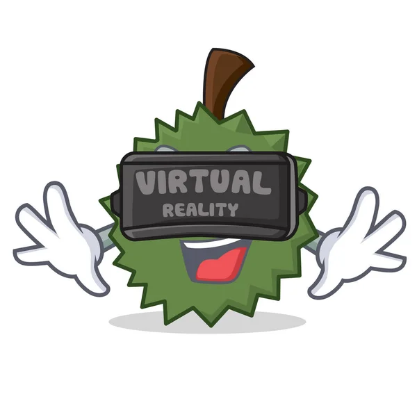 Com realidade virtual Durian mascote estilo cartoon — Vetor de Stock