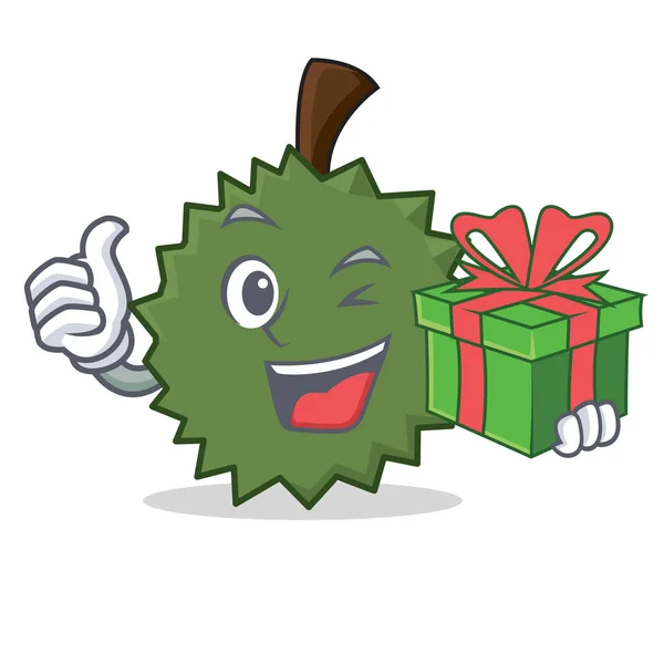 Con regalo Durian mascota estilo de dibujos animados — Vector de stock