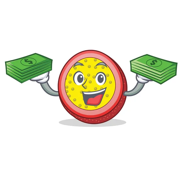 Met geld passievruchten mascotte cartoon — Stockvector