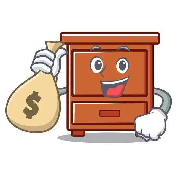 Con sacchetto di soldi in legno cassetto personaggio cartone animato — Vettoriale Stock