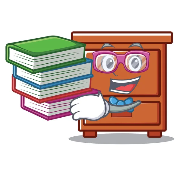 Student mit Buch Holzschublade Maskottchen Cartoon — Stockvektor