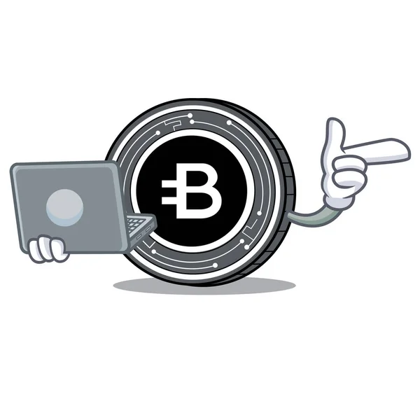 Com laptop Bytecoin desenho animado personagem moeda — Vetor de Stock