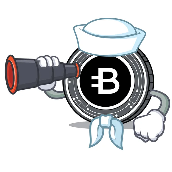 Marinero con binocular Bytecoin moneda mascota de dibujos animados — Archivo Imágenes Vectoriales