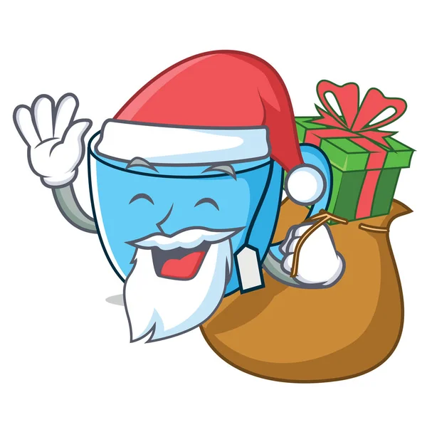 Santa con regalo taza de té mascota de dibujos animados — Vector de stock