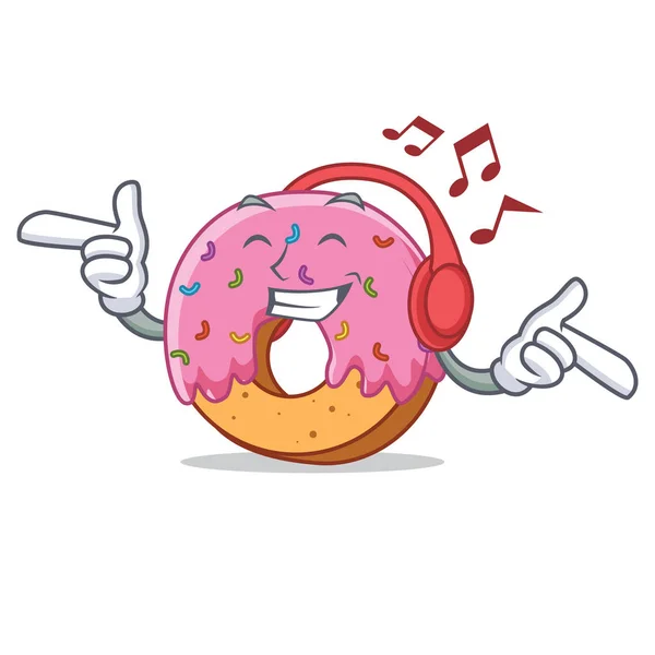 Lyssna på musik Donut maskot tecknad stil — Stock vektor