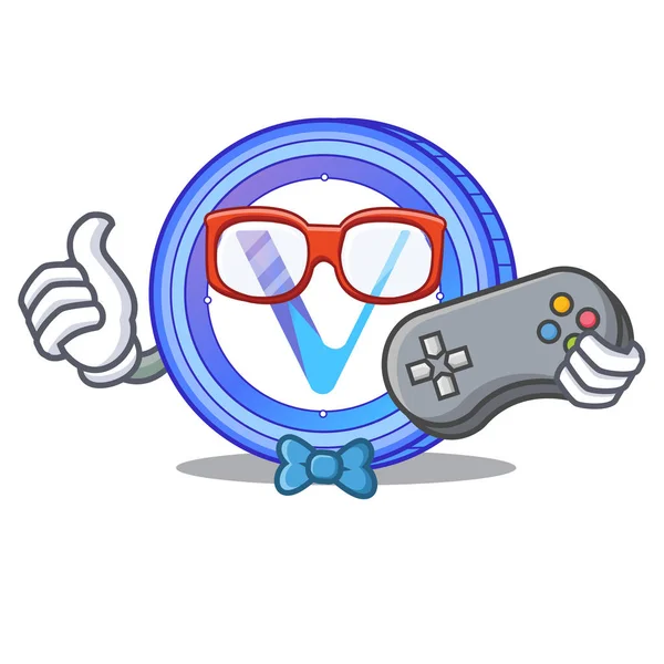 Gamer VeChain mascote de moeda desenhos animados — Vetor de Stock