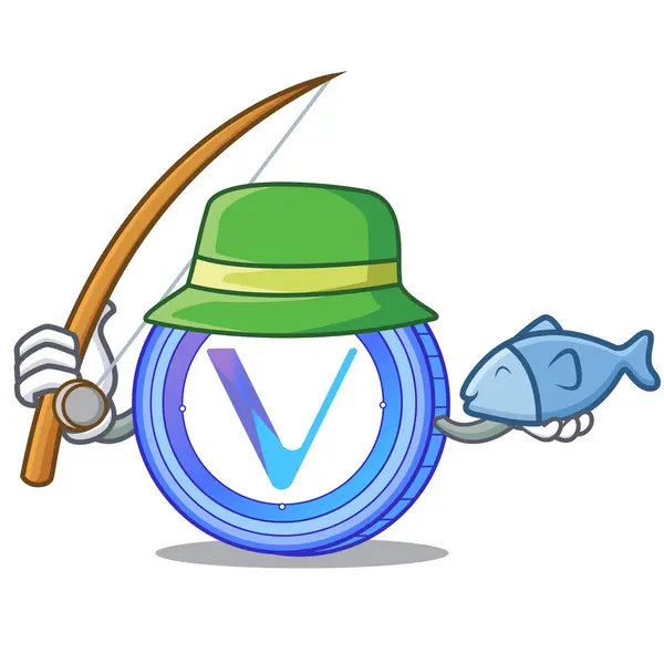 Pesca VeChain mascote moeda desenhos animados — Vetor de Stock