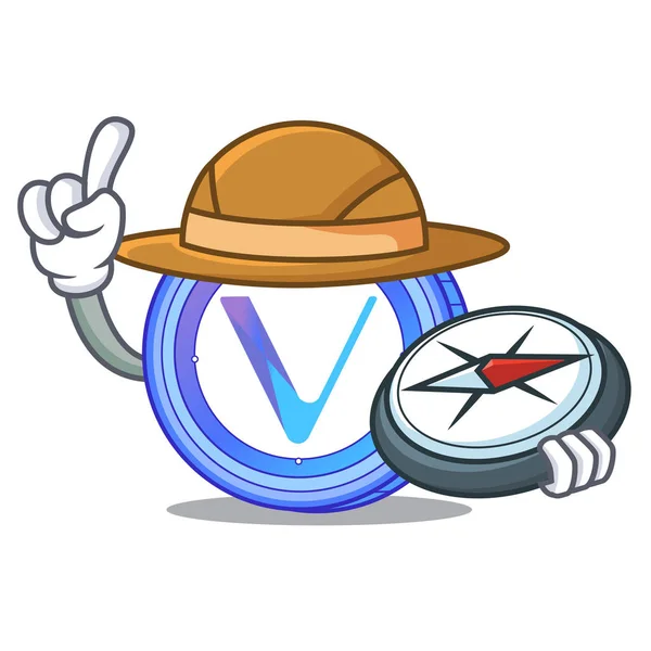 Explorer VeChain mascote de moeda desenhos animados — Vetor de Stock