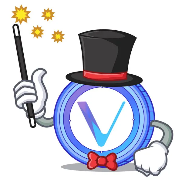 Magician VeChain mascote de moeda cartoon — Vetor de Stock