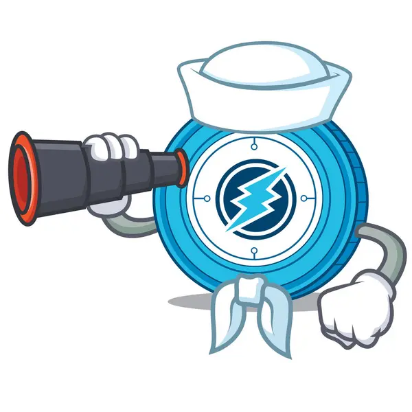 Marinero con binocular moneda Electroneum mascota de dibujos animados — Vector de stock