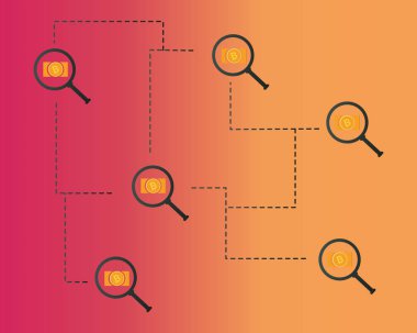 Arka plan koleksiyonu büyüteç ile Blockchain bitcoin nakit