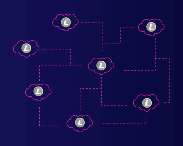 Tecnología litecoin Blockchain con fondo en la nube — Vector de stock