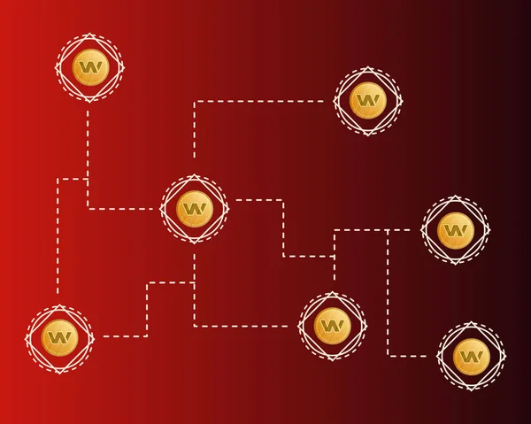 Red criptomoneda de cera de cadena de bloques sobre fondo rojo — Vector de stock