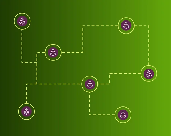 Blockchain augur criptomoneda sobre fondo verde — Vector de stock