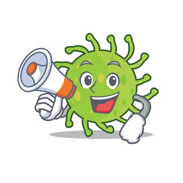 Con megáfono bacterias verdes personaje de dibujos animados — Vector de stock