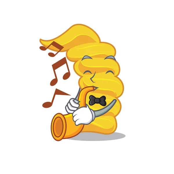 Com trompete fusilli macarrão mascote desenhos animados —  Vetores de Stock