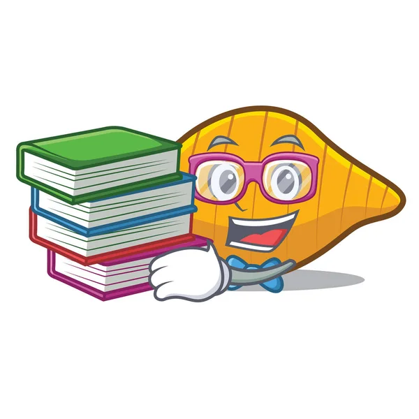 Estudante com livro conchiglie macarrão mascote desenhos animados — Vetor de Stock