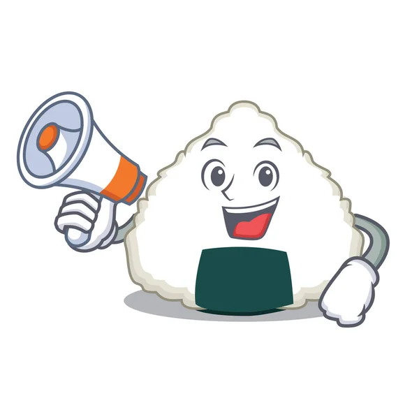 Com megafone Onigiri personagem estilo cartoon — Vetor de Stock