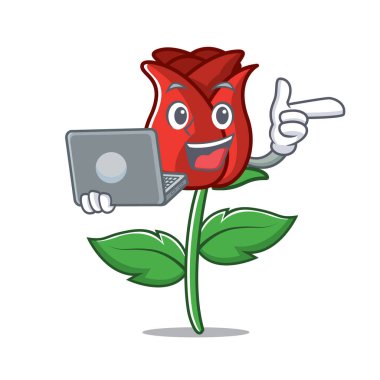 Dizüstü kırmızı gül karakter karikatür ile