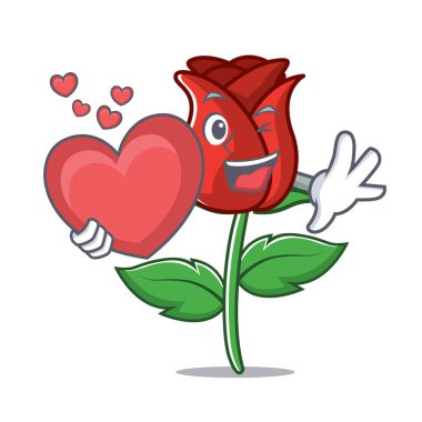 Kalp kırmızı gül maskot karikatür ile