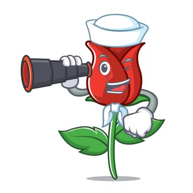 Denizci dürbün kırmızı gül maskot karikatür ile