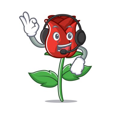 Kulaklık kırmızı gül maskot karikatür ile