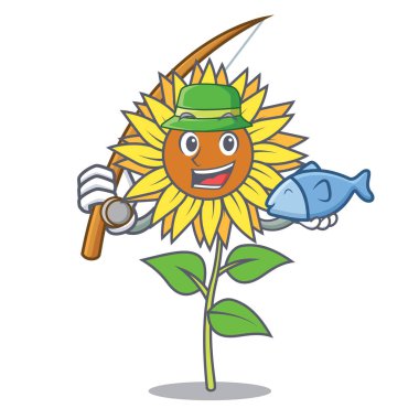 Ayçiçeği maskot karikatür tarzı Balık tutma