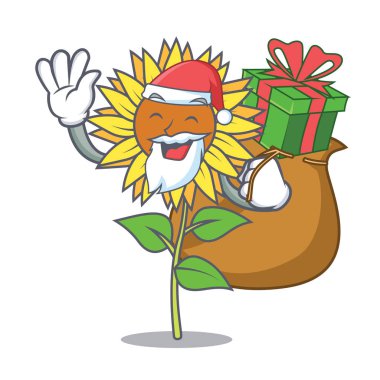 Noel Baba hediye ayçiçeği maskot karikatür tarzı ile