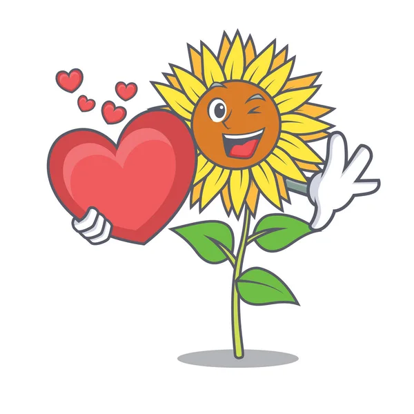 Con cuore girasole mascotte stile cartone animato — Vettoriale Stock