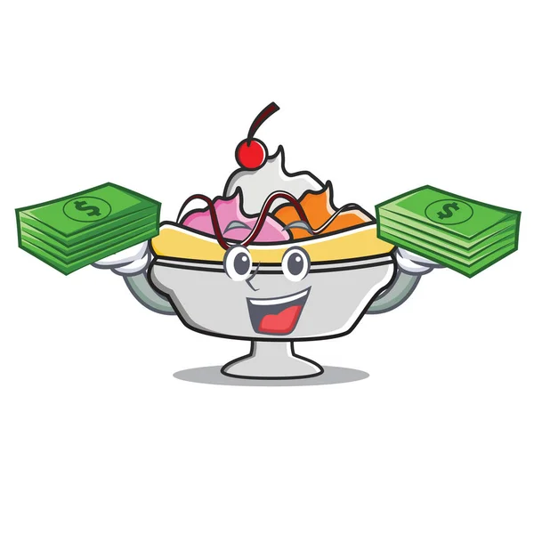 Con dinero banana split mascota de dibujos animados — Vector de stock