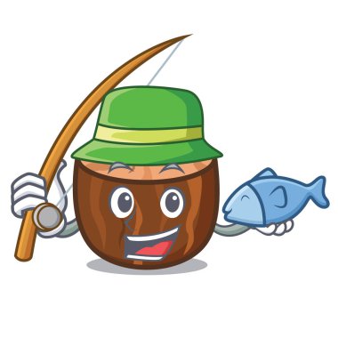 Küçük Hindistan cevizi maskot karikatür tarzı Balık tutma