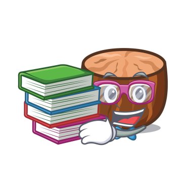 Kitap Hindistan cevizi maskot karikatür tarzı ile öğrenci