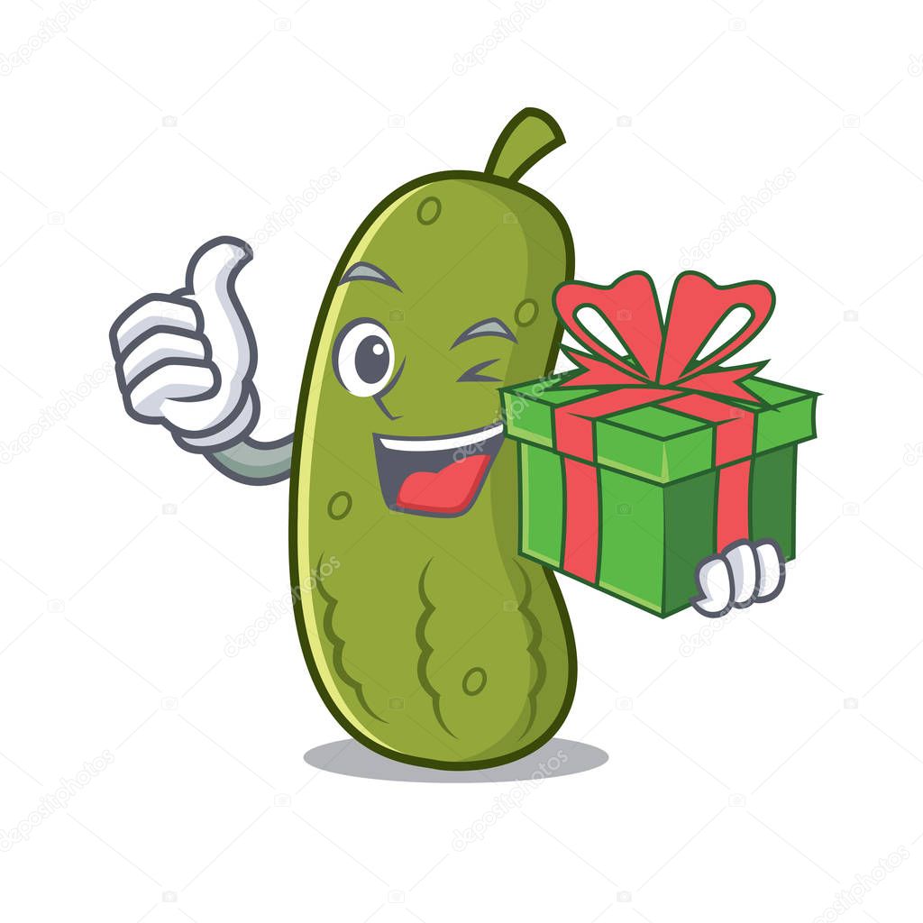 With gift pickle mascot cartoon style